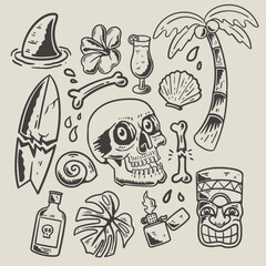 summer skull doodle illustration in retro vintage styleBasic RGB