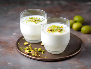Obraz na płótnie Canvas Traditional Indian lime lassi drink with dahi yogurt, lime and chopped pistachios served as close-up in a classical glass