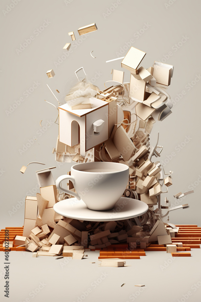 Poster a cup and saucer with a broken wall in the background. generative ai. weird and ugly still life, unc
