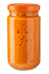 Pesto alla Calabrese in glass jar, pasta sauce made with peppers, chili peppers, olive oil and cheese