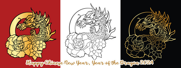 Naklejka premium Chinese New Year 2024, the year of the Dragon, red and gold line art characters, simple hand-drawn Asian elements with craft (Chinese translation: Happy Chinese New Year 2024, year of the Dragon).