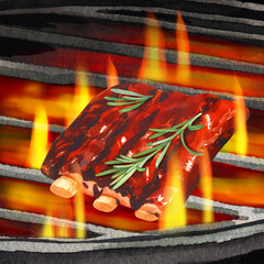 Delicious meat pork ribs in BBQ sauce and black barbecue grill, kitchen tools. Watercolor hand-drawn illustration. Perfect for menu cafe, restaurant, recipe book, cooking.