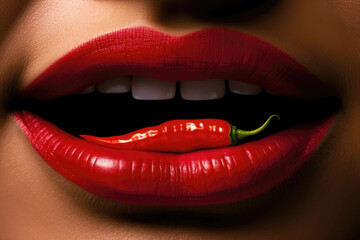 Fototapeta premium Close-up of a woman's mouth with red lips and a whole red chili resting on the lower lip. Generative AI