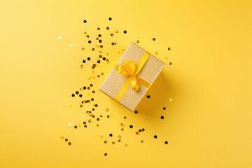 a golden gift box with yellow ribbons on a yellow background. It is an ideal image to illustrate celebration topics, Generative AI