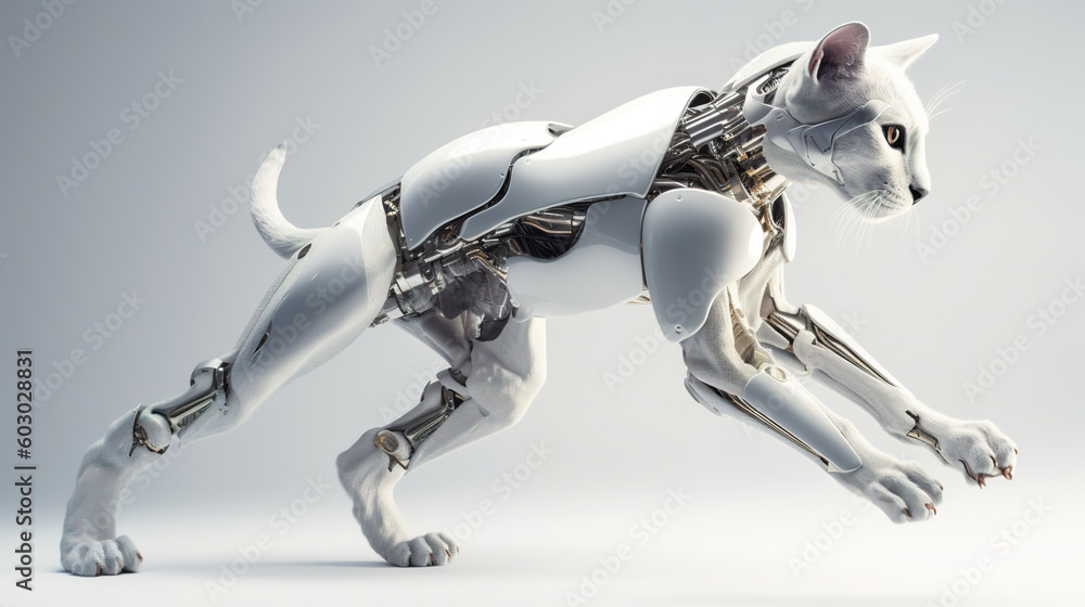 Poster a cat with a robotic body is shown. generative ai.