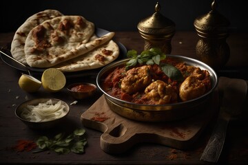 hot and spicy butter chicken gravy plate with chapati generative ai