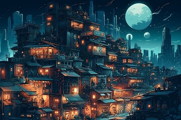  Illustration of a Serene Village at Night. Generative AI
