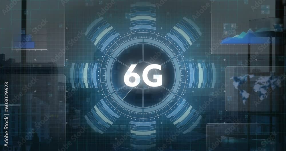 Poster animation of 6g text and data processing over cityscape