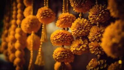 traditional zendu flower garland backdrop for spiritual event generative ai