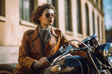 Female confidently perched on a vintage motorcycle. Generative AI