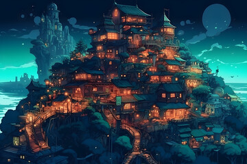 Dreamy Illustration of a Nighttime Village. Generative AI