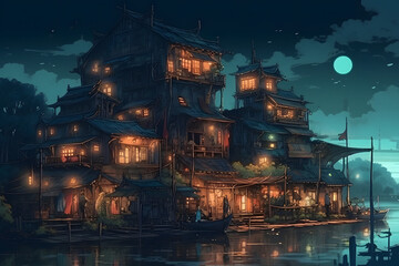  Illustration of a Serene Village at Night. Generative AI