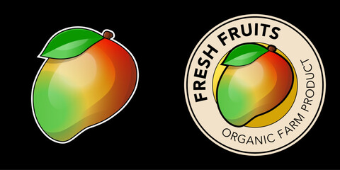 vector illustration of a mango icon set logos printed on black background, mangos 3d effect for sticker and emblem design for packaging,fruit farming industry  and branding. rounded fruits logo design
