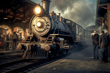 Obraz premium An antique steam locomotive at a busy train station. generative AI