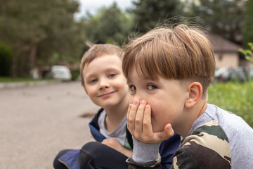 portrait of two brothers in the backyard of their house on a warm summer day. family and friendship concept. sharpness on the boy closest to the camera