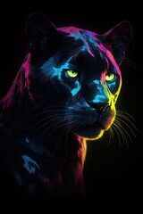 A Cybernetic Felino: Retro Black Panther Portrait with Vibrant Neon Colors, Generative AI
