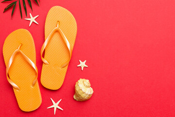 Flat lay composition with flip flops and seashell on colored background. Space for text top view
