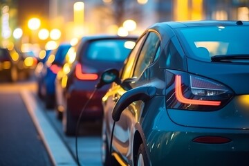 Several electric cars plugged in for charging, generative ai