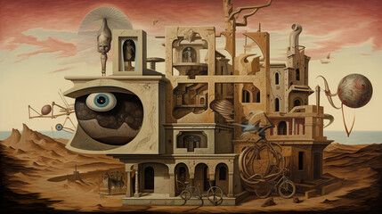 A painting of a building with a giant eye. Generative AI. Surreal imaginary landscape.