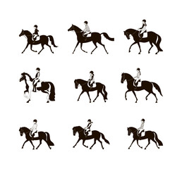 Riding school students, trotting, black and white vector illustration