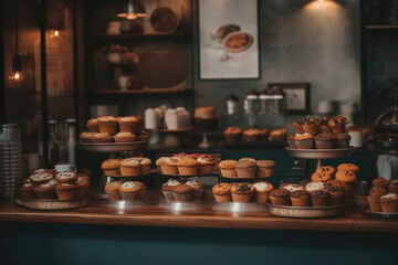 Coffee shop with a variety of muffins on display. Generative AI