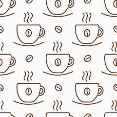 Coffee cups and beans seamless line pattern.
