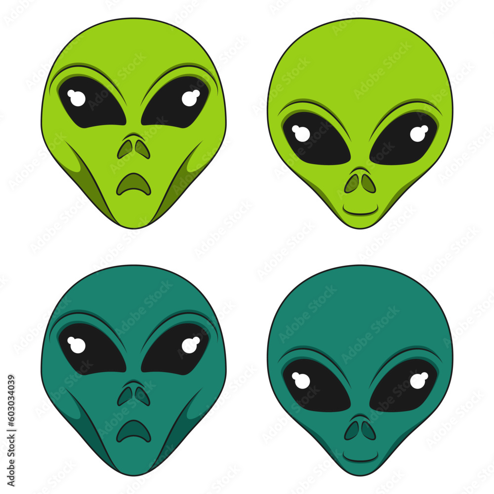 Poster set of color illustration with alien face. isolated vector object on white background.
