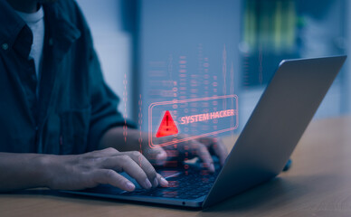 Users are shown warnings of accessing malicious cyber attack virus software or threats to hack online networks. Technological security on computer, concept warning or notification technology scam