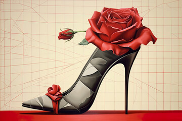 A high heeled shoe with a rose on top of it. Generative AI. Argentine tango illustration.