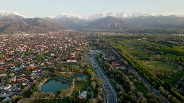 Aerial view panorama of river and mountains in Almaty