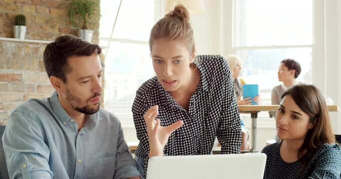Laptop, consulting or business people for teamwork, collaboration or project management in office. Strategy, technology or startup digital marketing, networking schedule or planning group SEO review