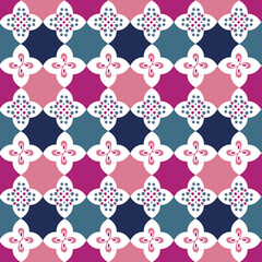 Four Color Symmetry Plus White Vector Seamless Repeating Pattern in Pink, Blue, White