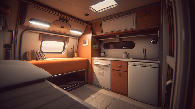 Interior illustration of a camper van. Basic furniture and basic needs are provided. The furniture is built using wood because it is light and easy to build. Windows are provided for natural lighting.