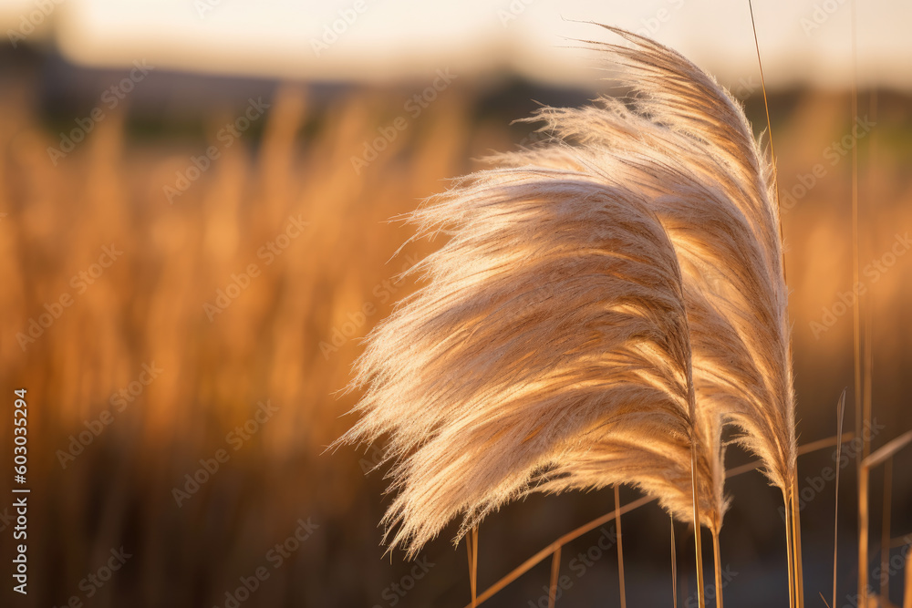 Wall mural Beige, feathery pampas grass with a soft evening light in the background. Nature, decorative wild meadow. Summer, autumn evening, romantic mood. Generative AI	
