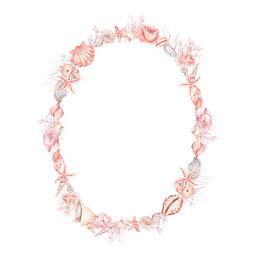 recommend clip art: Oval frame of pink seashells and corals. Sea shells watercolor hand drawn illustration set isolated on white background for banner, poster, print, postcard, textile, template, card, invitation