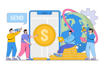 Vector illustration of digital currency exchange, finance, digital money market, crypto coin wallet, stock exchange and online money transfer with people characters
