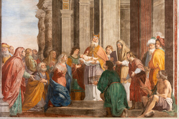 GENOVA, ITALY - MARCH 6, 2023: The fresco of  Presentation of Jesu in Temple in church Basilica...