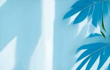 Fototapeta na wymiar Minimal abstract light blue background for product presentation. Shadow of tropical leaves and curtains window on plaster wall, generative ai