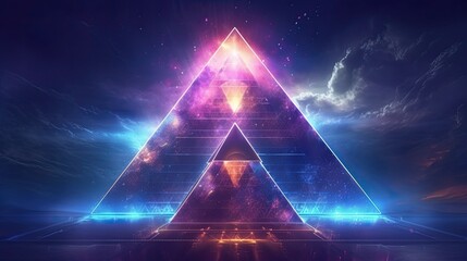 Futuristic Egyptian pyramid neon light in milky way night space galaxy in desert night sky AI Generated - obrazy, fototapety, plakaty