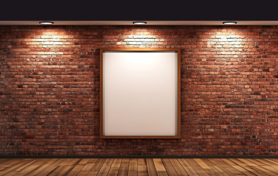 Empty frame in gallery room with brick wall, created with generative AI