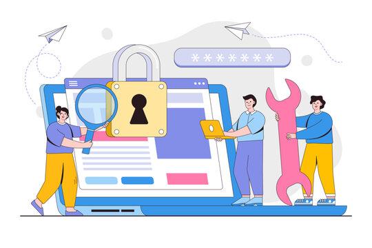 Vector illustration of protecting computer data for a web page, coding, programming, application development with people characters