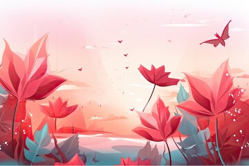 A beautiful landscape featuring Canadian symbolism. Extraordinary flowers. Colorful illustration. Generated AI