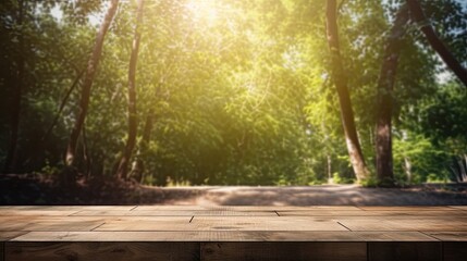 Rustic Wooden Table with Summer Forest Background - Perfect for Product Display, Generative AI