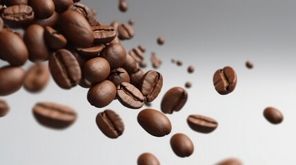 Obraz premium Coffee beans, Falling, Close-up, Macro, Roasted, Aroma, Fragrance, Espresso, Caffeine, Pouring, Brewing, Fresh, Dark roast, Aromatic, Coffee grinder, Drip, Morning ritual, Mocha, Barista, Coffee shop,