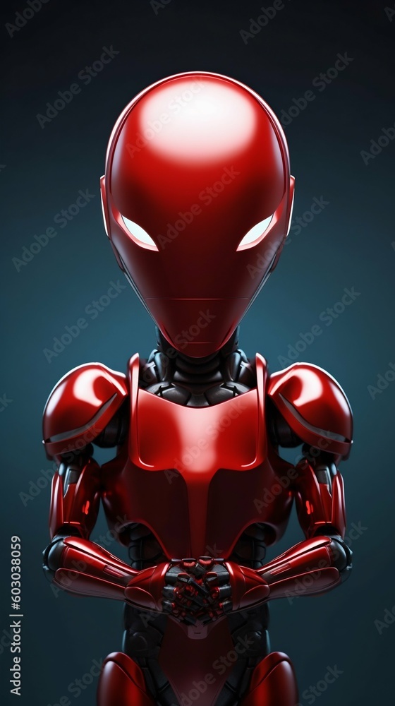 Poster hi-tech synthetic bio-ethereal robot in red titanium. generative ai