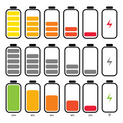 Battery charge indicator icons, phone charge level, color collection of charge power, discharged and fully charged battery, battery charge from high to low, power running low up status batteries set l