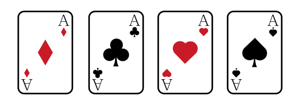 Four black aces playing card suits set,  hearts, spades, diamonds, clubs cards sign, poker, gambling concept, template for casino, web design, vector illustratio,icons isolated on white background.