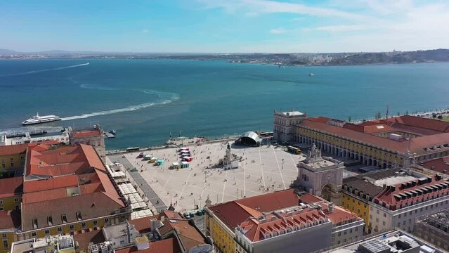 Aerial video of Praca do Comercio square in Lisbon