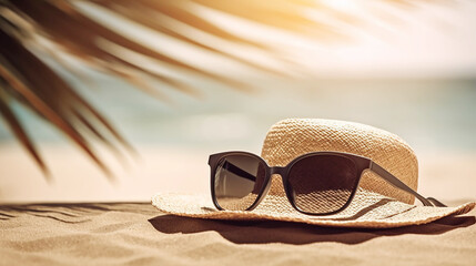 Fototapeta na wymiar hat and sunglasses on sand beach , summer travel happy holiday Summer Holidays concept ,hat and sea on light by the beach , Copy space of summer vacation ,Generative AI 