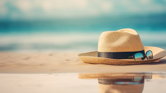  hat and sunglasses on sand beach , summer travel happy holiday Summer Holidays concept ,hat and sea on light by the beach ,
 Copy space of summer vacation ,Generative AI 